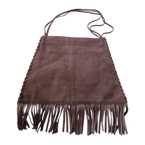 Vintage GAP Cow Split Leather Dark Brown Shoulder Bag Fringe Tassels Native Y2K - Picture 1 of 6